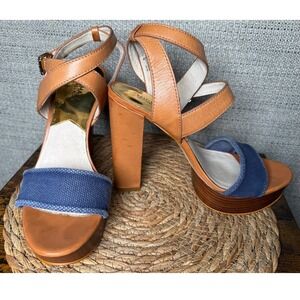 Michael Kors Leather & Canvas Platform Heels Size 9.5M Tan Blue Crisscross Strap